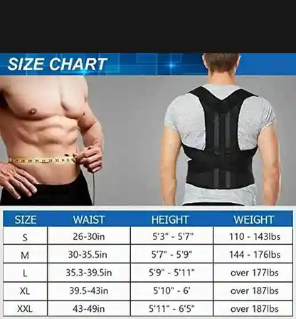 Size chart for a posture corrector with measurements for waist, height, and weight.
